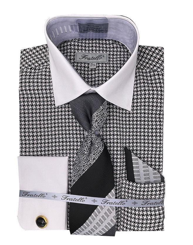 Black Plaid Dress Shirt Set with Tie and Handkerchief