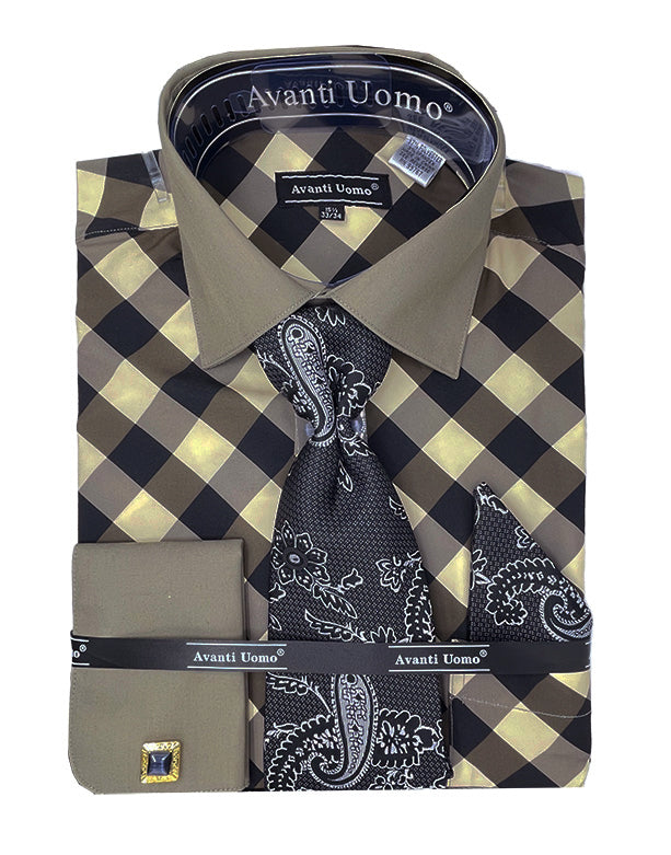 Men's Black Check Dress Shirt Set with French Cuff 18½ 36/37 / Black