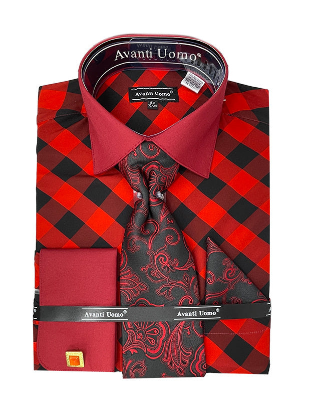Red Check Dress Shirt Set with Cuff