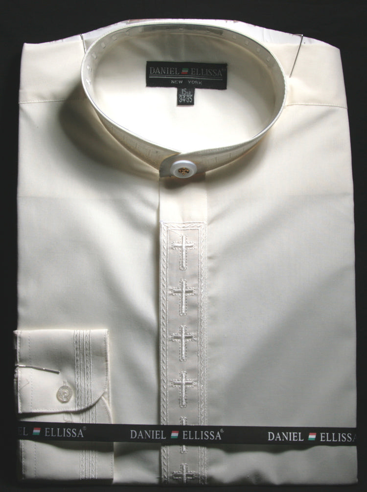 Men's Banded Collar Embroidered Shirt in Ivory