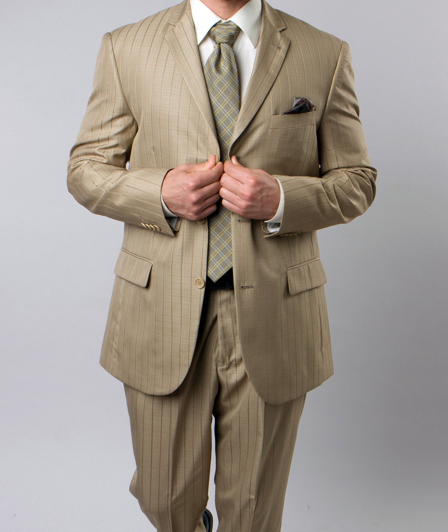 Regular Fit 2 Piece Suit Tone On Tone Stripe in New Gold