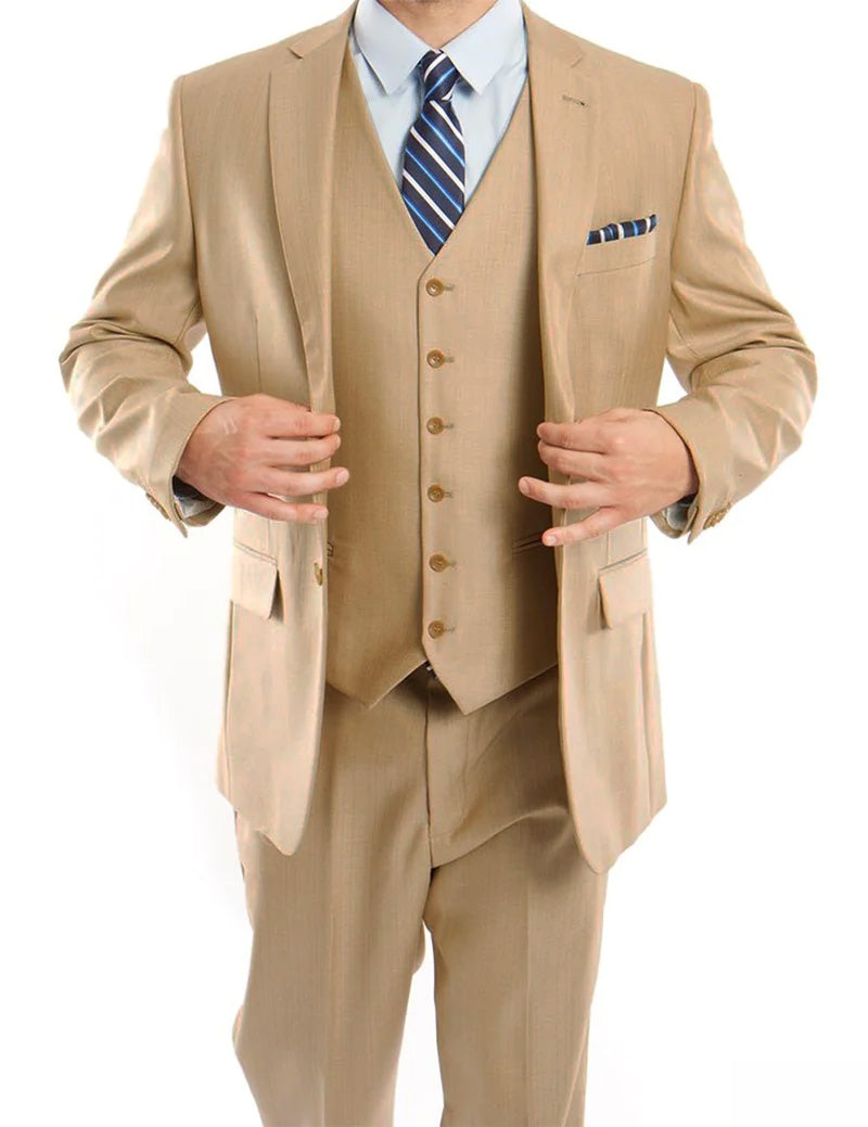 Light Beige 3 Piece Modern Fit Suit 2 Button V-Neck Vest