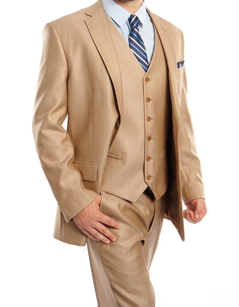 Wheat 3 Piece Modern Fit Suit 2 Button V-Neck Vest