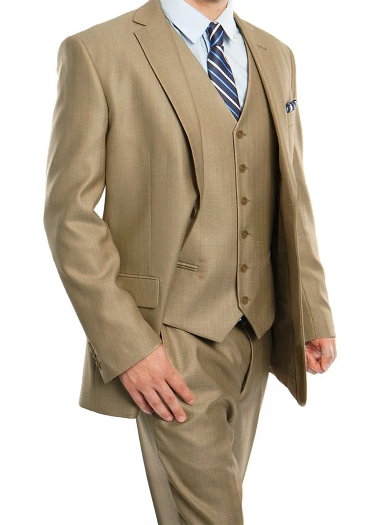 Stone Khaki 3 Piece Modern Fit Suit 2 Button V-Neck Vest