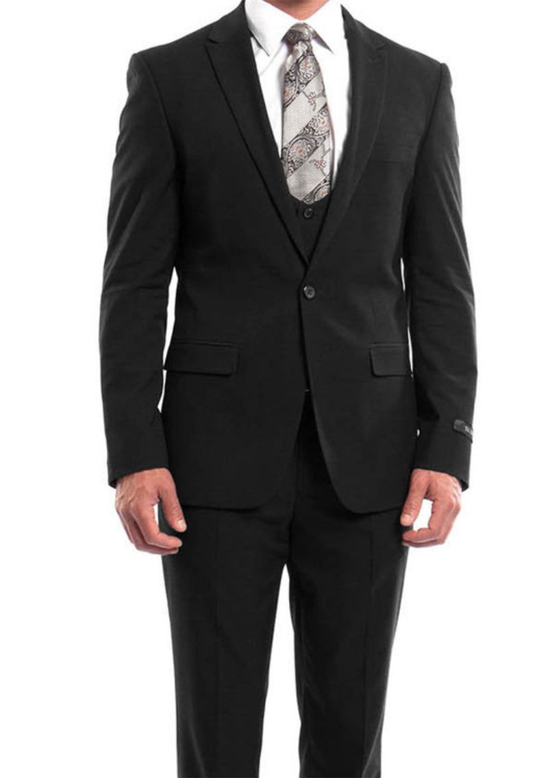 Black Solid Color 3 Piece Slim Fit Suit 1 Button Peak Lapel