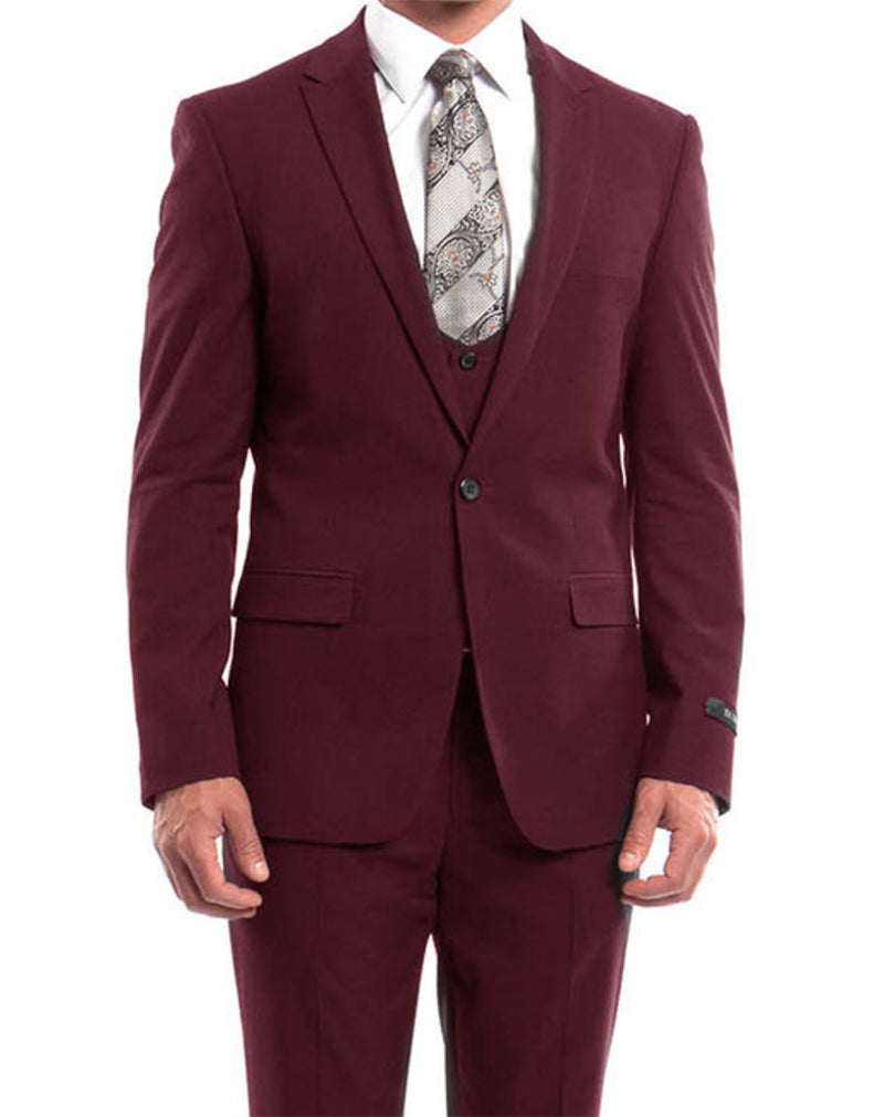 Burgundy Solid Color 3 Piece Slim Fit Suit 1 Button Peak Lapel