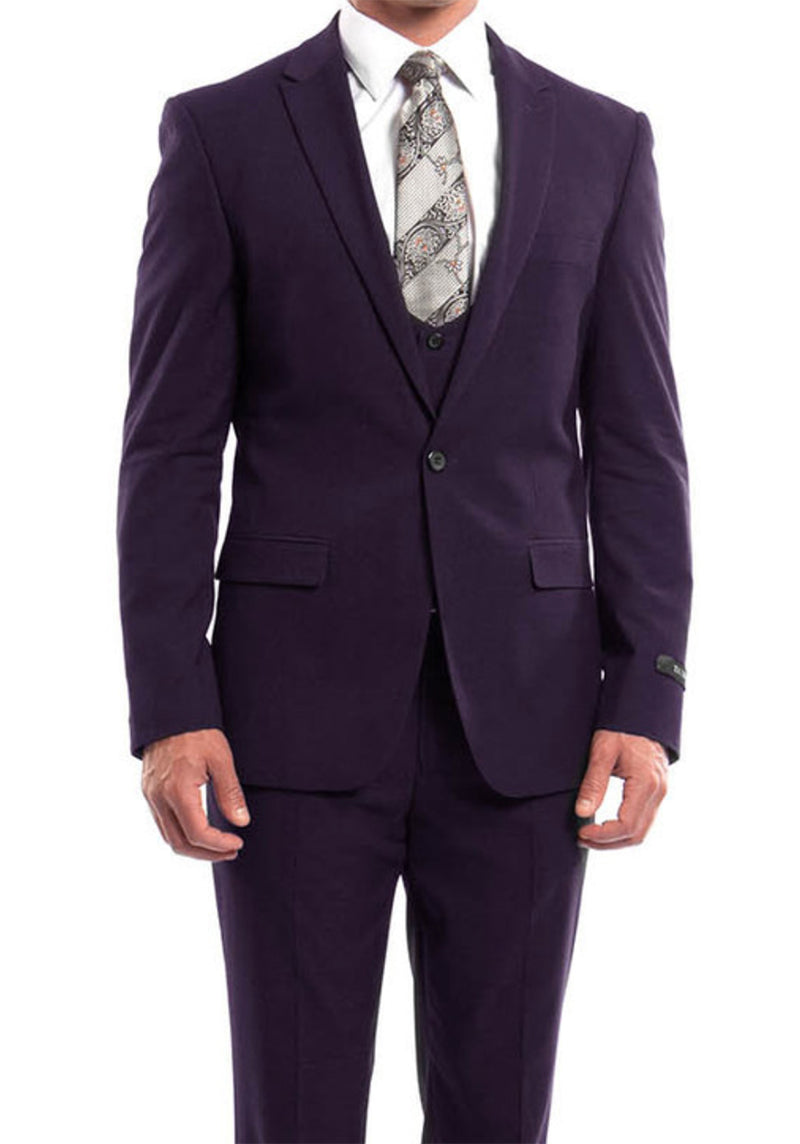 Purple Solid Color 3 Piece Slim Fit Suit 1 Button Peak Lapel