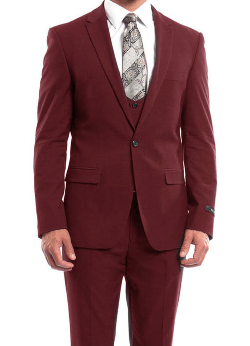 Cherry Red Solid Color 3 Piece Slim Fit Suit 1 Button Peak Lapel