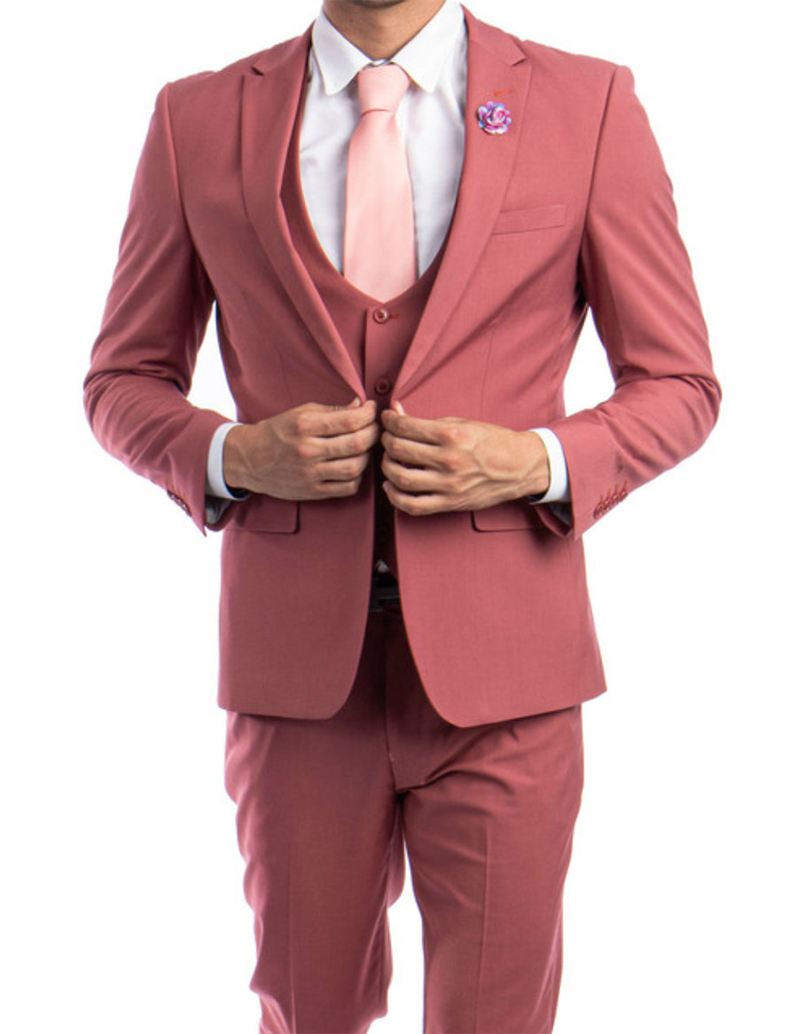 Coral Solid Color 3 Piece Slim Fit Suit 1 Button Peak Lapel