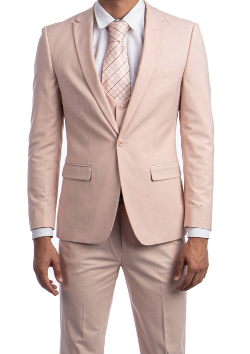 Blush Solid Color 3 Piece Slim Fit Suit 1 Button Peak Lapel