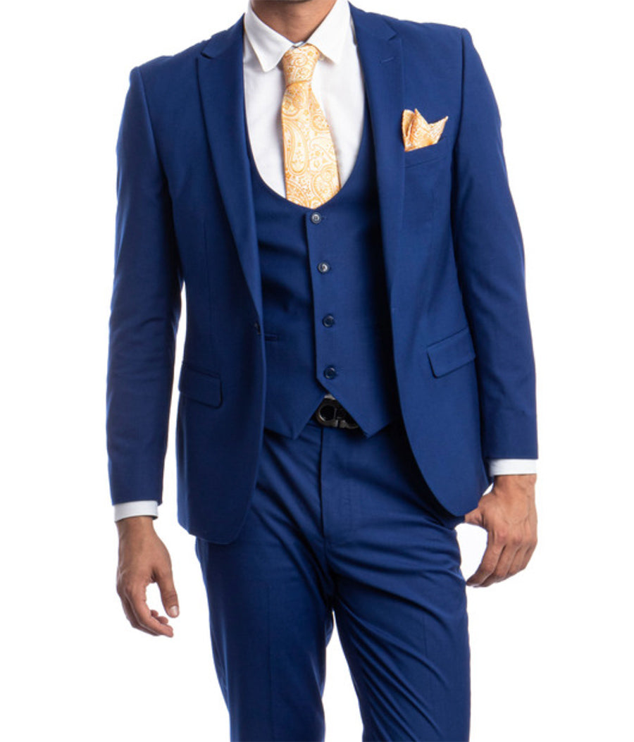 Indigo Solid Color 3 Piece Slim Fit Suit 1 Button Peak Lapel
