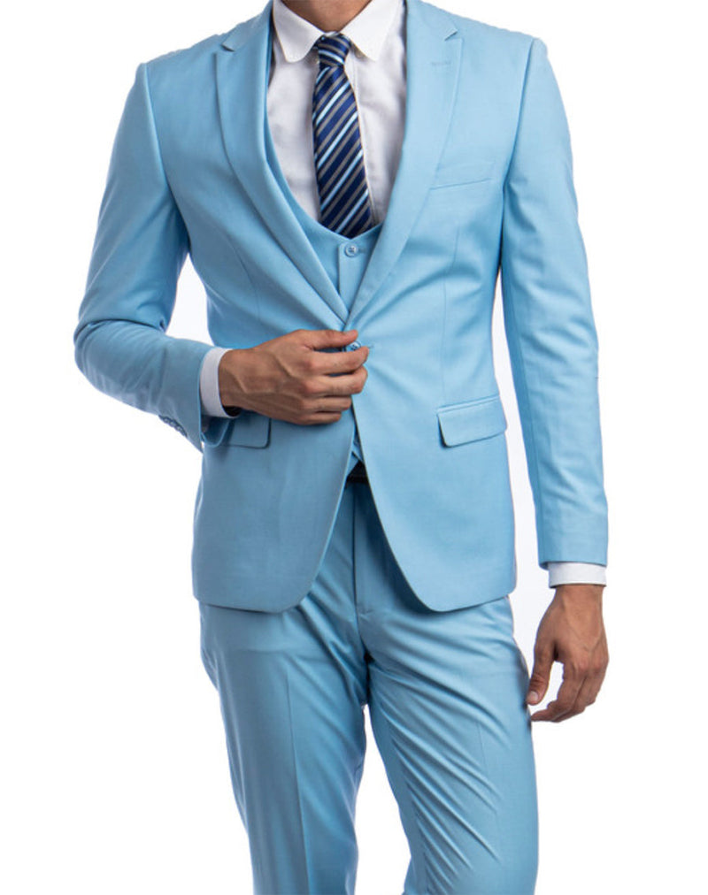 (44R) Sky Blue Solid Color 3 Piece Slim Fit Suit 1 Button Peak Lapel
