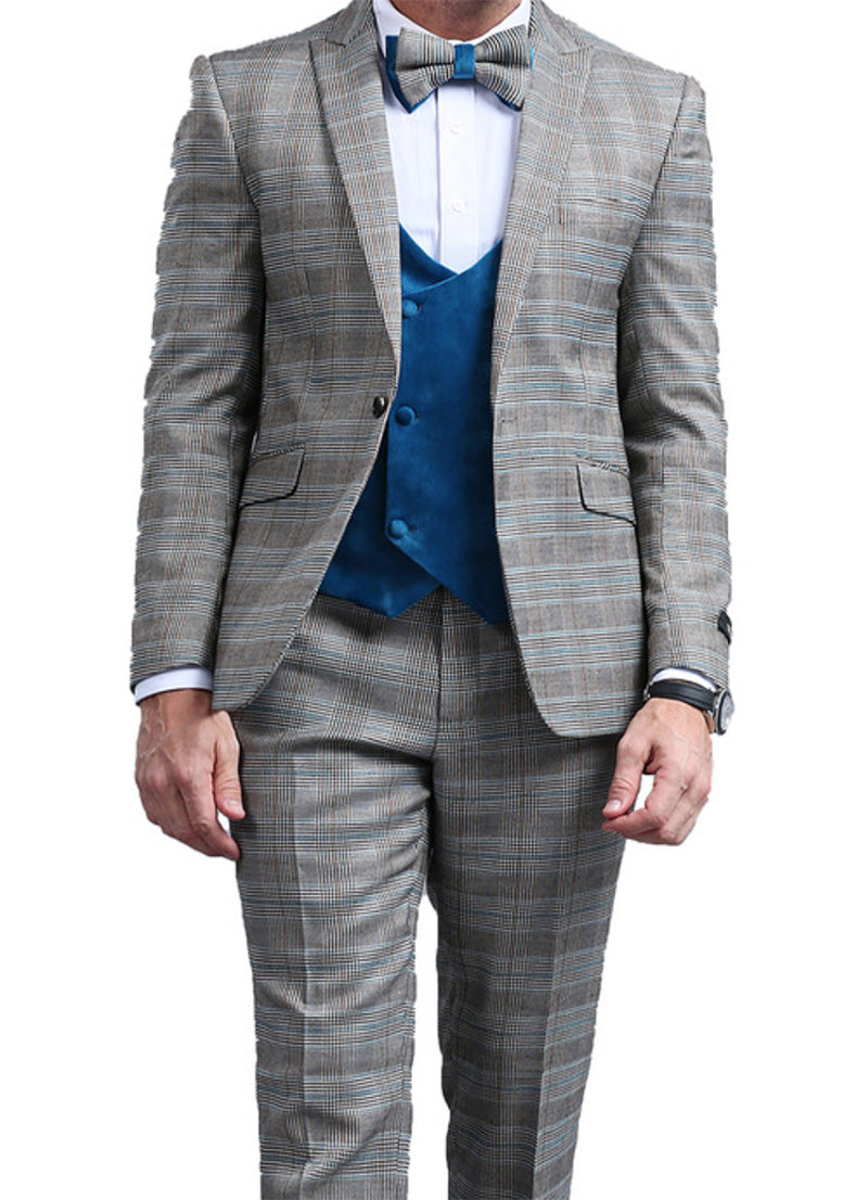 Turquoise Slim Fit Tuxedo 4 Piece Glen Plaid with Bow Tie