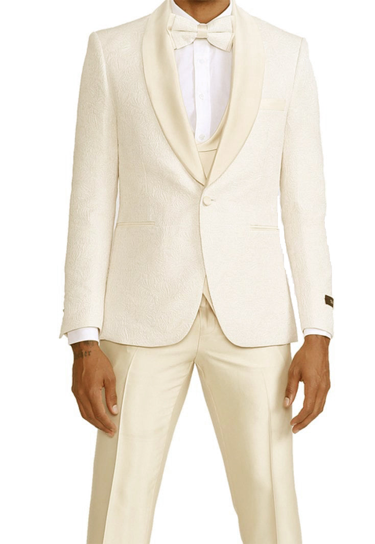 Ivory Slim Fit Tuxedo 4 Piece with Satin Shawl Collar Beveled Designed Vest