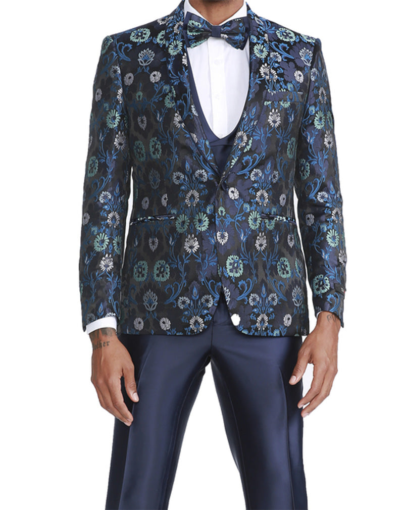 (44R) Navy Slim Fit Tuxedo 4 Piece Floral Pattern with Bow Tie