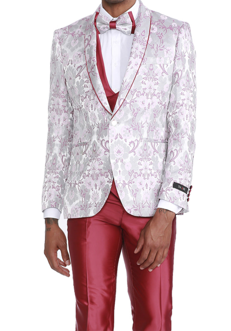 (36R, 50R) Pink Slim Fit Tuxedo 3-Piece Floral Pattern