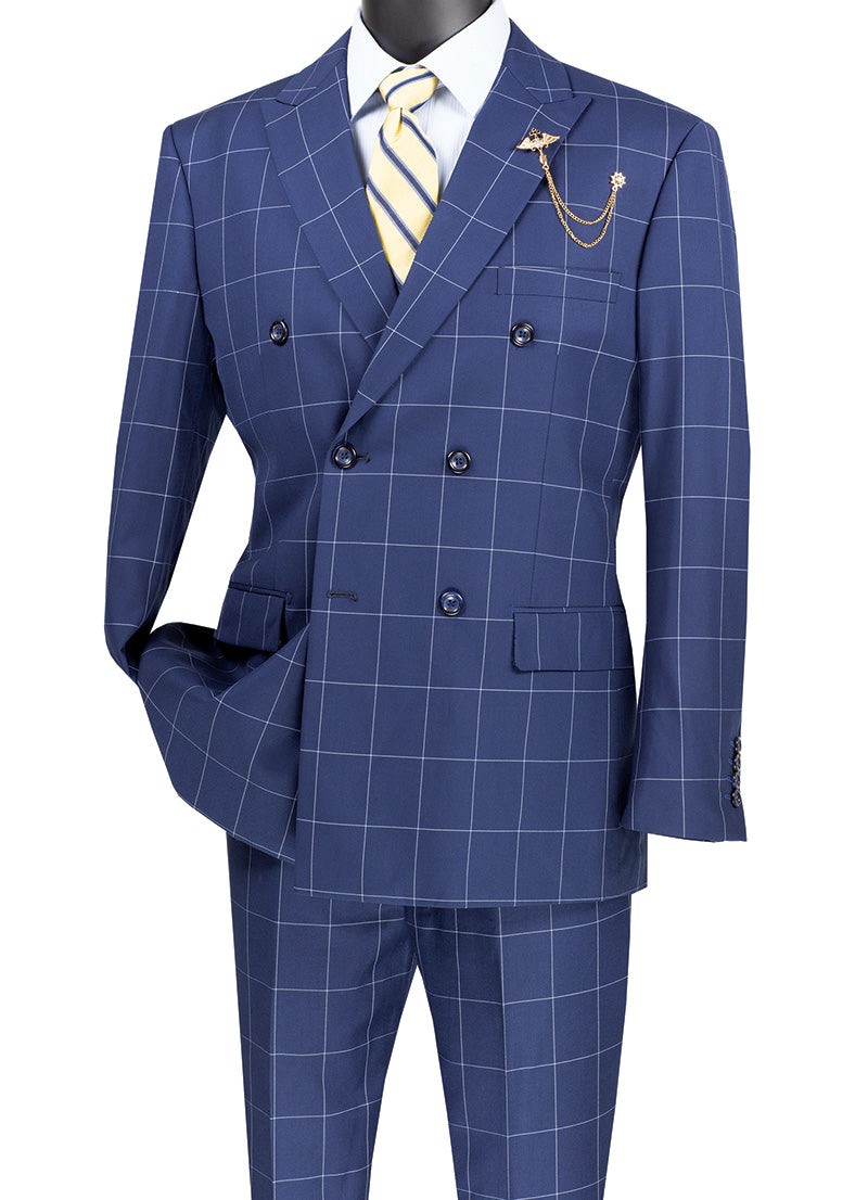 Naples Collection - Blue Modern Fit Double Breasted Windowpane Peak Lapel 2 Piece Suit