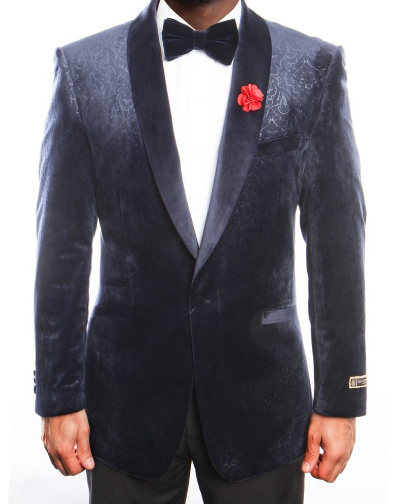 Empire Collection - Velvet Regular Fit Vintage Floral Blazer in Navy