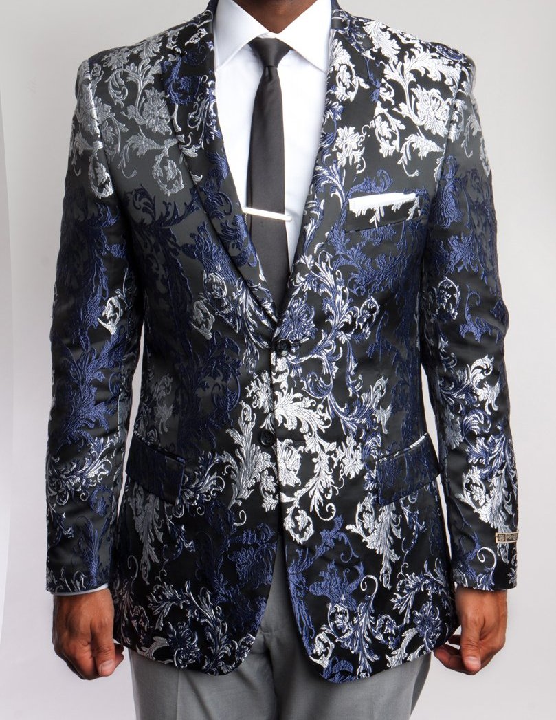 Empire Collection - Mens Modern Fit Black and Silver Floral Sports Coat