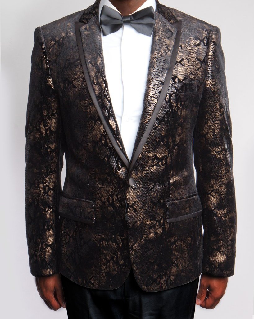 Empire Collection - Regular Fit Black and Gold with Fancy Metallic Pattern Sports Coat