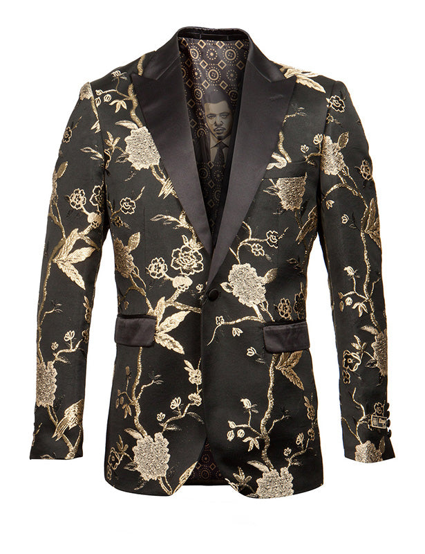 Empire Collection - Gold and Black Slim Fit Floral Pattern Sports Coat