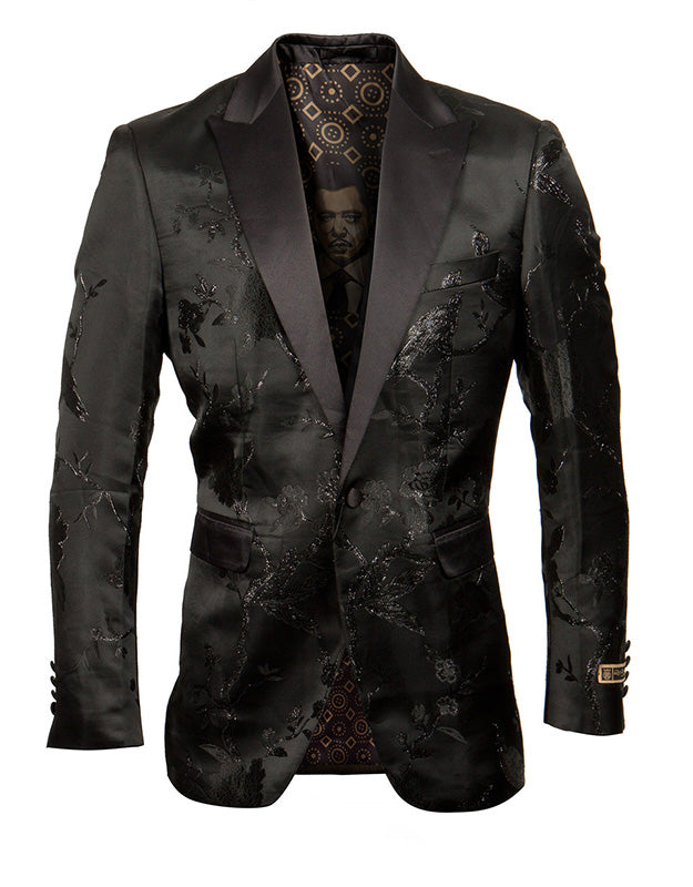 Empire Collection - Black Slim Fit Floral Pattern Sports Coat