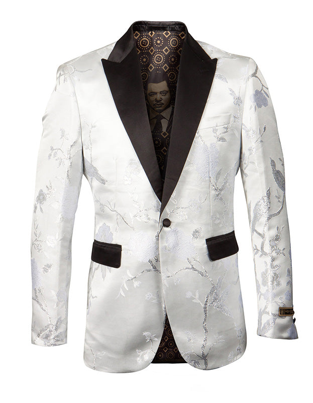 Empire Collection - White and Silver Slim Fit Floral Pattern Sports Coat