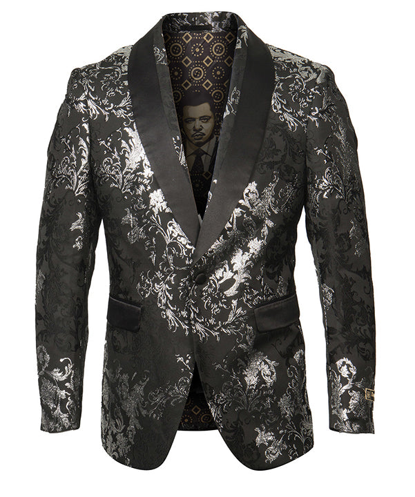 Empire Collection - Black/Silver Floral Pattern Sports Coat Slim Fit
