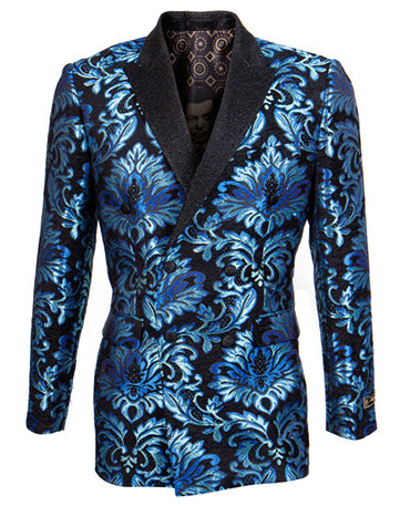 Empire Collection - Slim Fit Turquoise Paisley Pattern Double Breasted Blazer
