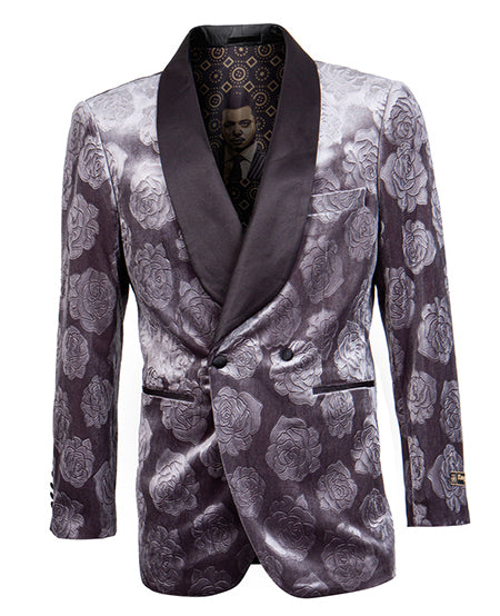 Empire Collection - Slim Fit Charcoal Floral Pattern Double Breasted Blazer