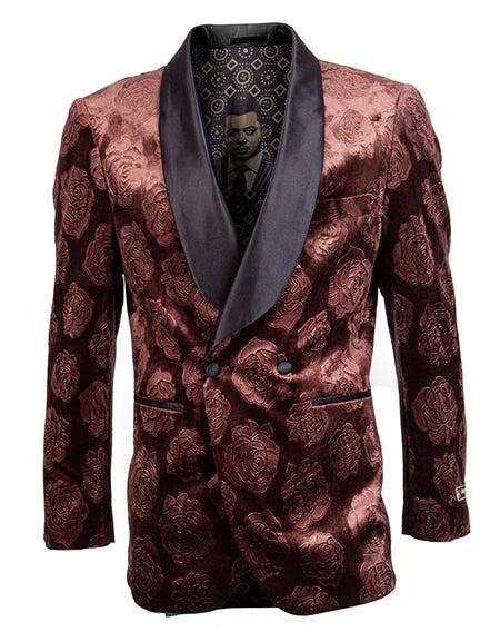 Empire Collection - Slim Fit Rust Floral Pattern Double Breasted Blazer