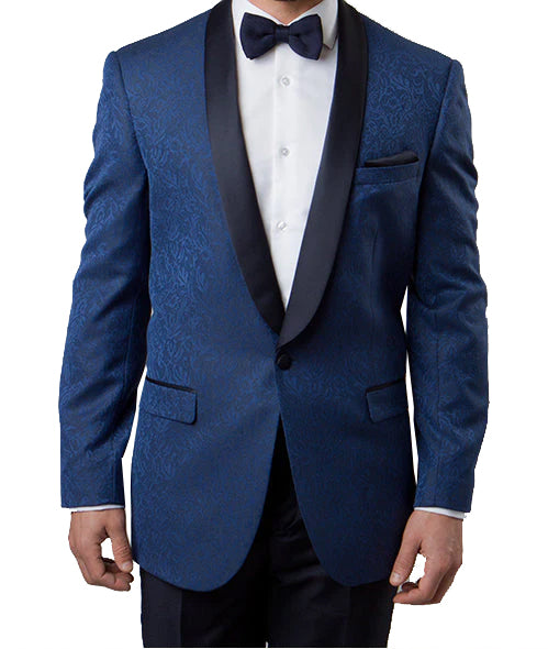 Blue Slim Fit Floral Pattern Blazer Satin Shawl Collar