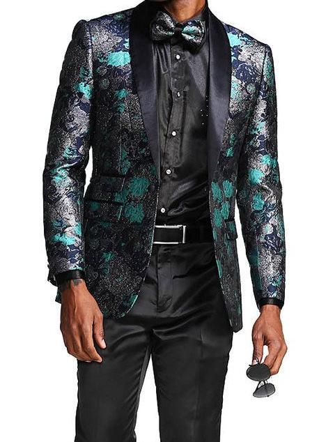 Slim Fit Floral Pattern Blazer Satin Shawl Collar with Bow Tie in Turquoise