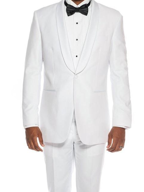 White Slim Fit 2 Piece Tuxedo With Satin Shawl Lapel