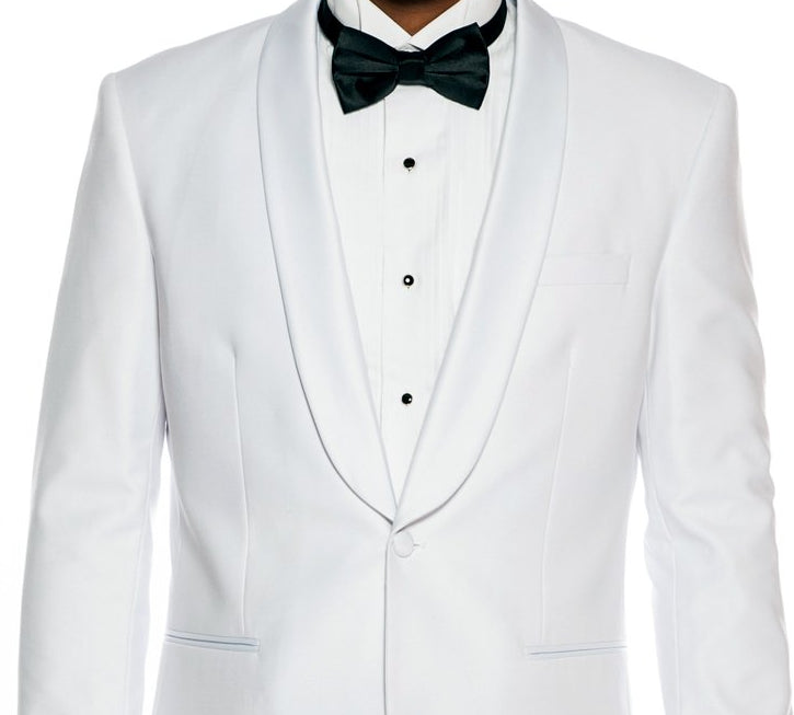 White Slim Fit 2 Piece Tuxedo With Satin Shawl Lapel