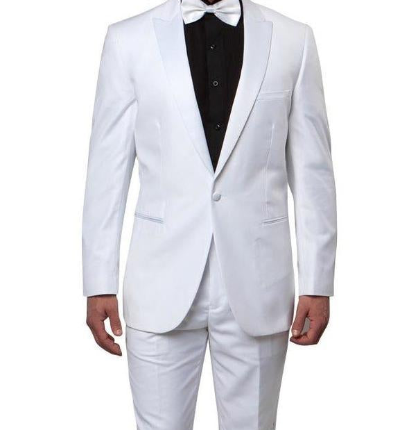 Slim Fit 2 Piece White Tuxedo With White Satin Peak Lapel