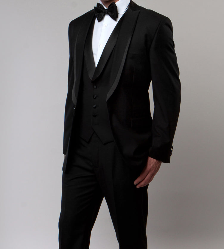 Black Slim Fit Tuxedo 3 Piece with Satin Shawl Collar Vest