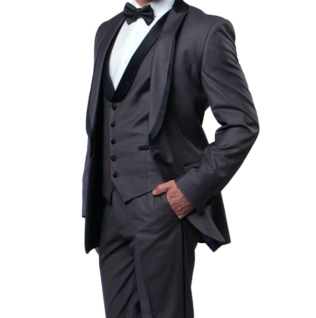 Gray Slim Fit Tuxedo 3 Piece with Satin Shawl Collar Vest