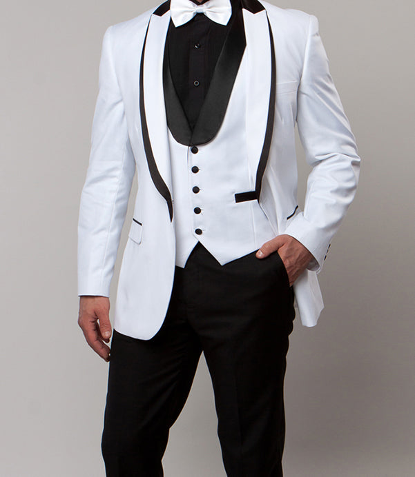 White Slim Fit Tuxedo 3 Piece with Satin Shawl Collar Vest