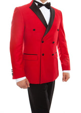 Double Breasted Slim Fit Tuxedo Red with Black Satin Peak Lapel