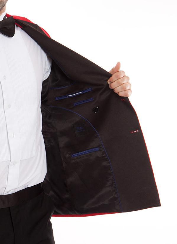 Solid red Tazio Slim fit Double Breasted Red Tuxedo jacket, featuring a tie, collar, front buttons, and pockets.