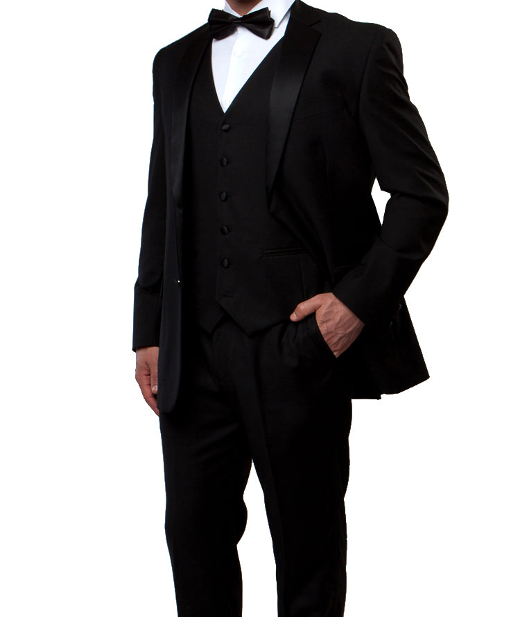 Solid Black Modern Fit Tuxedo 3 Piece with 6 Button Vest
