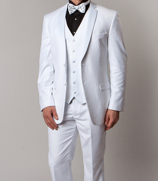 Solid White Modern Fit Tuxedo 3 Piece with 6 Button Vest