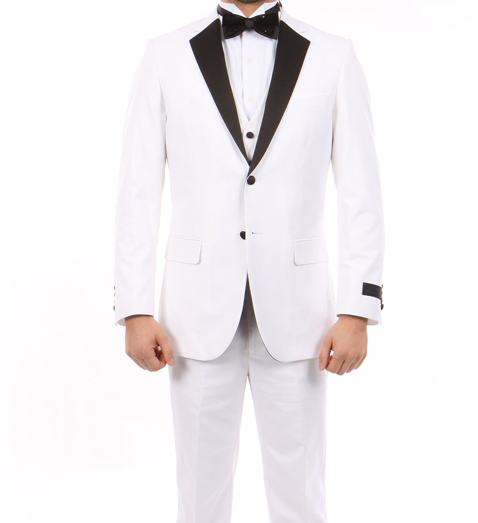 White Modern Fit Tuxedo 3 Piece with Black Lapel 6 Button Vest