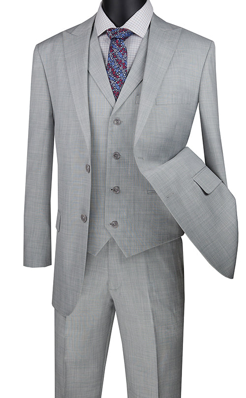 Silver Gray Modern Fit Textured Weave 2 Button 3 Piece Suit