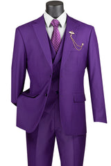 Purple Modern Fit 3 Piece Suit with Vest and Elastic Waist Band Pants