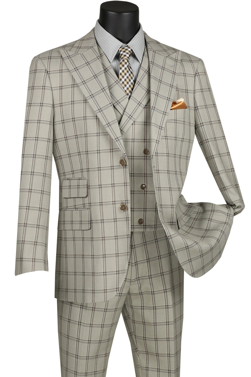 Tuscany Collection - Modern Fit Windowpane Suit 3 Piece in Putty