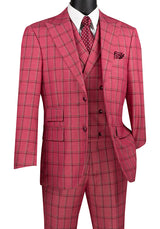 Tuscany Collection - Modern Fit Windowpane Suit 3 Piece in Raspberry