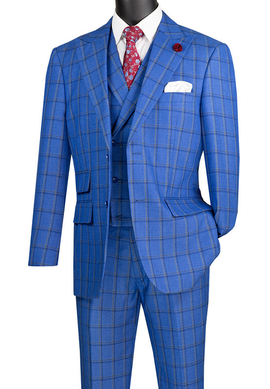 (48R) Modern Fit Windowpane Suit 3 Piece in Royal Blue | Suits Outlets ...