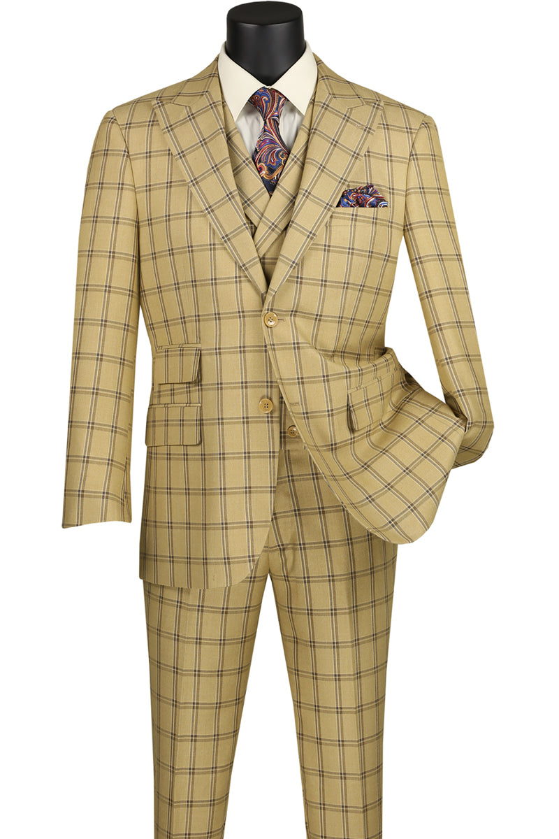 Tuscany Collection - Modern Fit Windowpane Suit 3 Piece in Tan